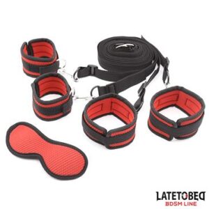 RESTRICCIONES PARA LA CAMA CON ANTIFAZ Y ESPOSAS AJUSTABLES ROJO Y NEGRO