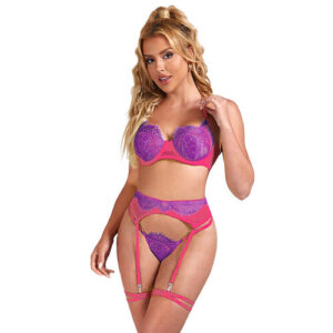 SET SUJETADOR CON ENCAJE Y LIGUEROS ROSA Y MORADO S/M